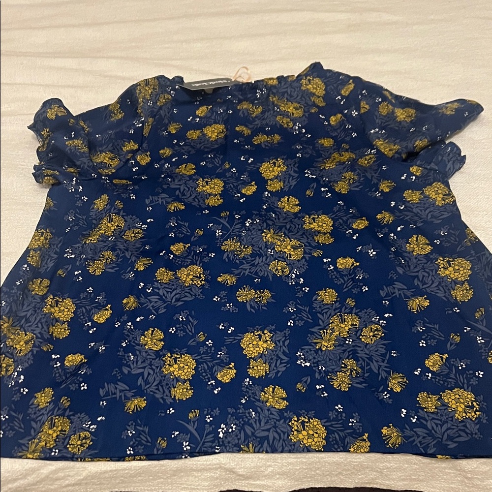 Modcloth Navy Blue Short Sleeve Floral Blouse with Mustard Accents - Picture 6 of 7